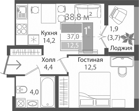 2-комн., 35.1 м²