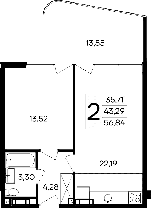 1-комн., 43.29 м²