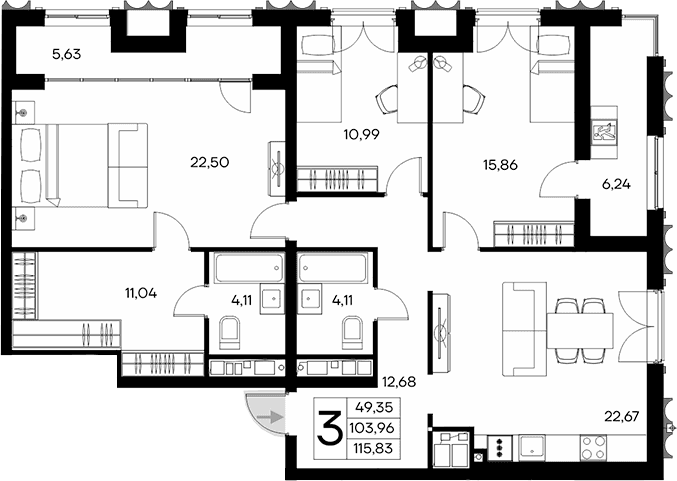 3-комн., 103.96 м²