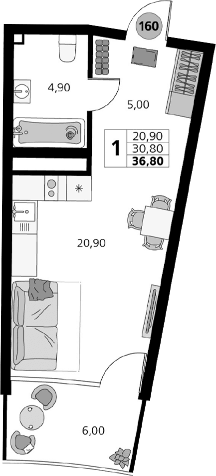 Студия, 30.8 м²