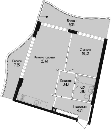 1-комн., 45.7 м²