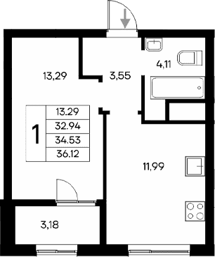 1-комн., 32.94 м²