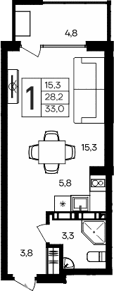 Студия, 28.2 м²