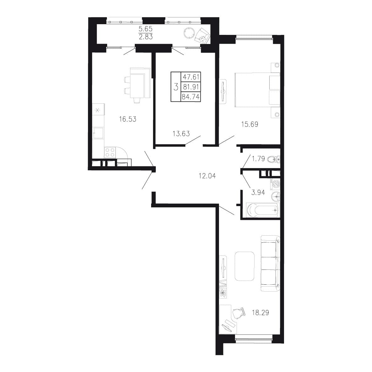 3-комн., 81.91 м²