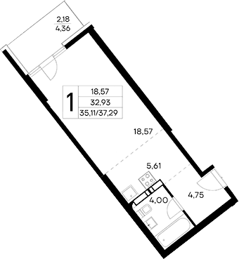 Студия, 35.11 м²