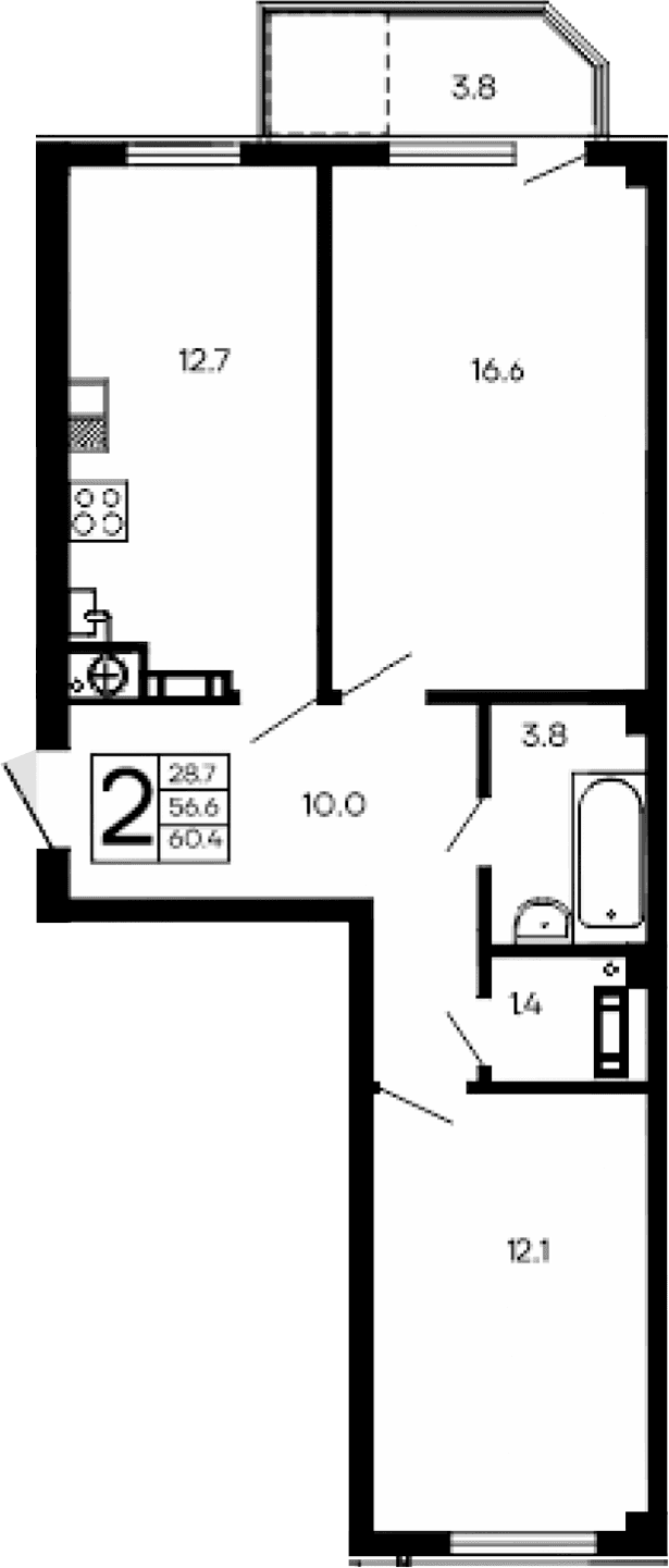 2-комн., 56.6 м²