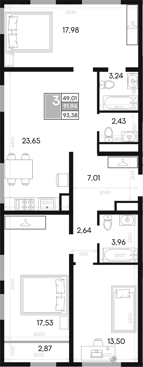 3-комн., 91.94 м²