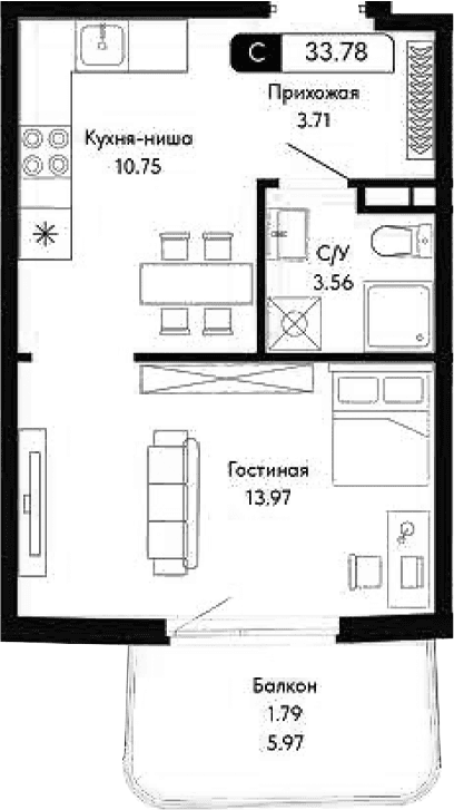 Студия, 31.99 м²