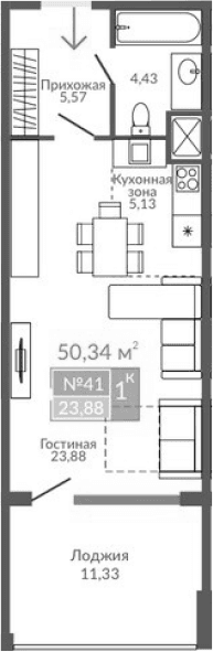 Студия, 39.01 м²