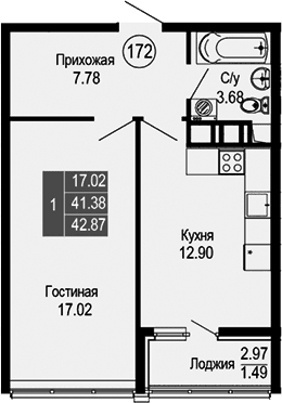 1-комн., 41.38 м²