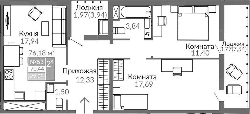 2-комн., 64.7 м²
