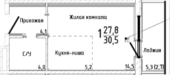 Студия, 27.8 м²
