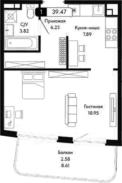 1-комн., 36.89 м²