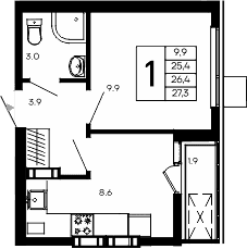 1-комн., 25.4 м²