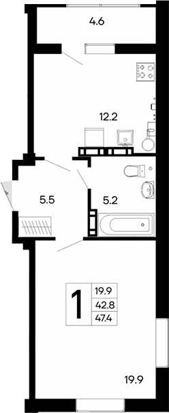 1-комн., 42.8 м²
