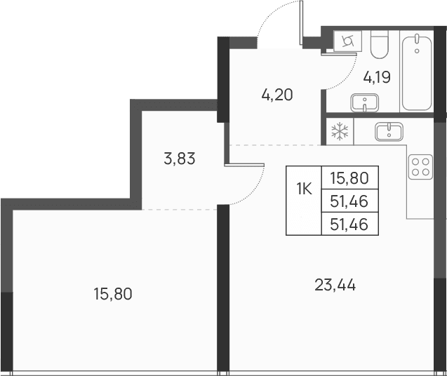 1-комн., 51.46 м²