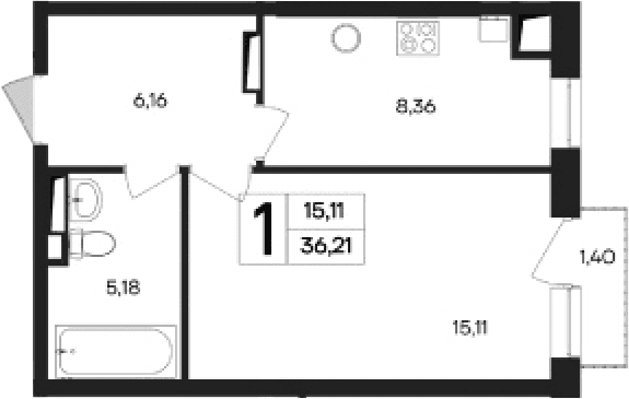 1-комн., 34.81 м²