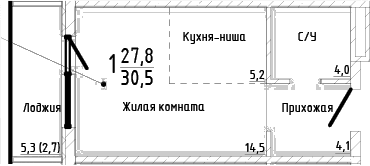 Студия, 27.8 м²