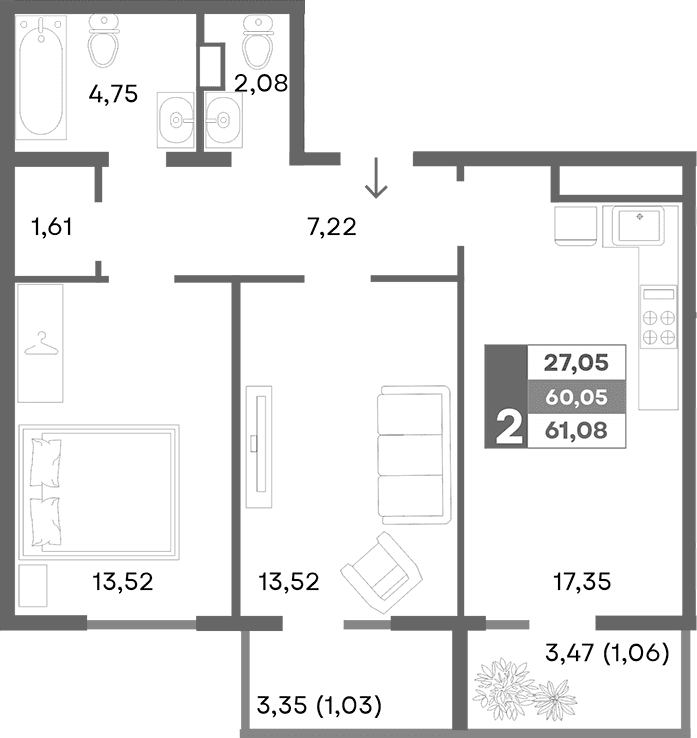 2-комн., 58.99 м²