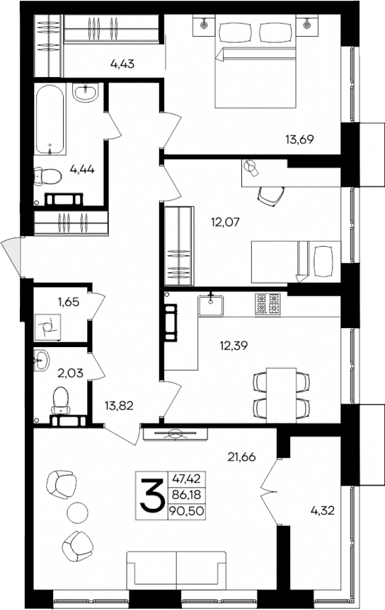 3-комн., 86.18 м²