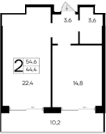 1-комн., 44.4 м²