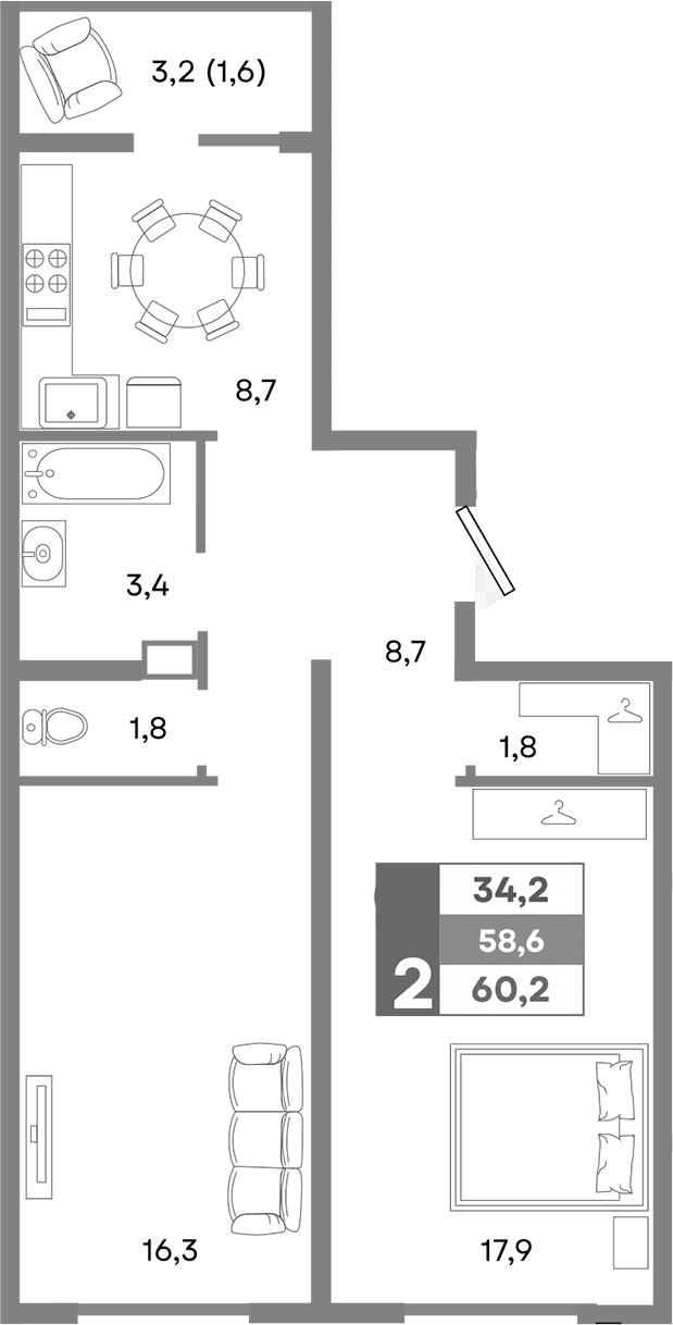 2-комн., 58.6 м²