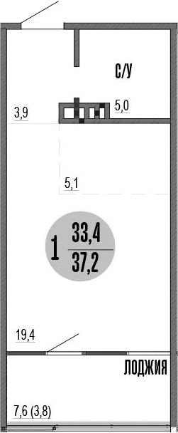 Студия, 33.4 м²