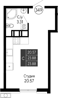 Студия, 23.88 м²