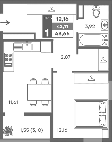 1-комн., 40.56 м²
