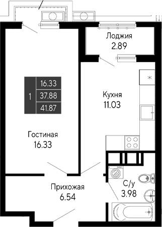 1-комн., 37.88 м²
