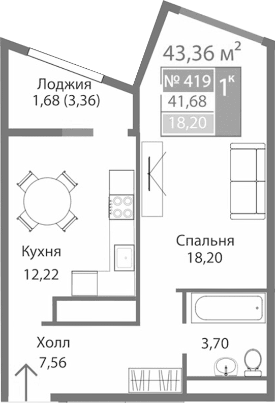 1-комн., 41.68 м²
