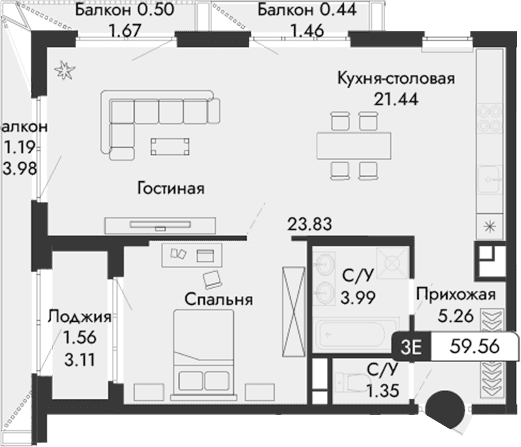 Своб. план., 55.87 м²