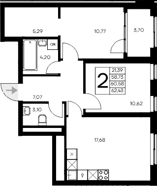 2-комн., 58.73 м²