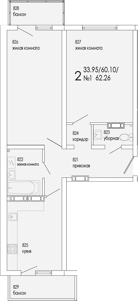 2-комн., 60.1 м²