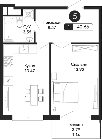 1-комн., 39.52 м²