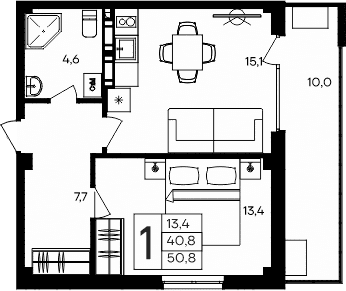1-комн., 40.8 м²