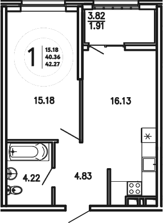 1-комн., 40.36 м²