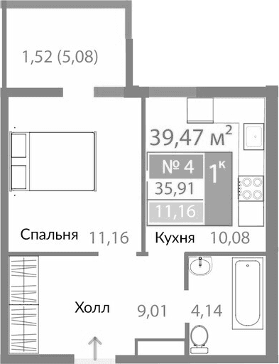 1-комн., 34.39 м²