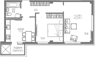 2-комн., 57.1 м²