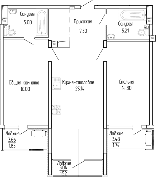 2-комн., 73.44 м²