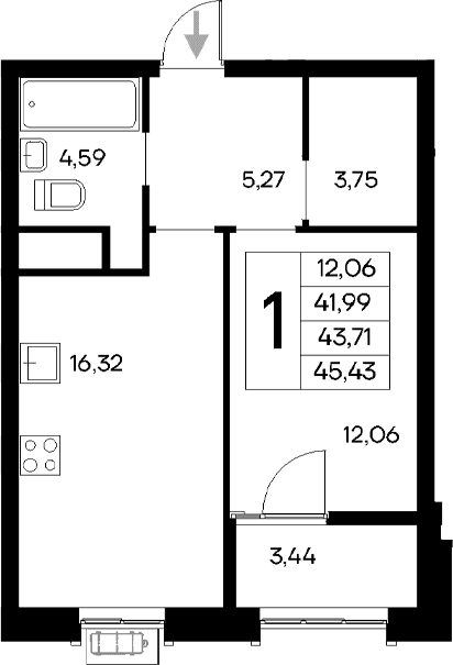 1-комн., 41.99 м²