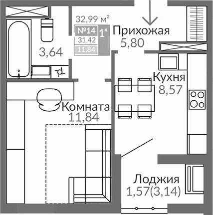 1-комн., 29.85 м²