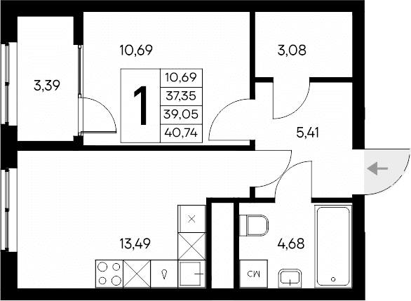 1-комн., 37.35 м²