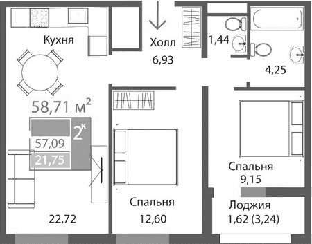 2-комн., 57.09 м²