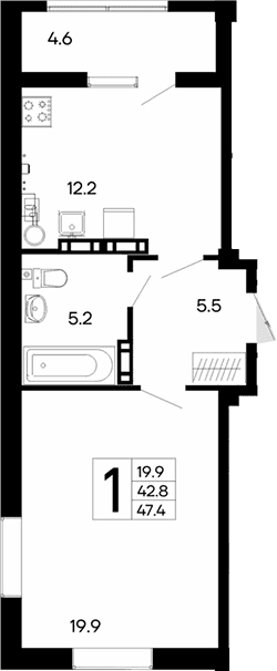 1-комн., 42.8 м²