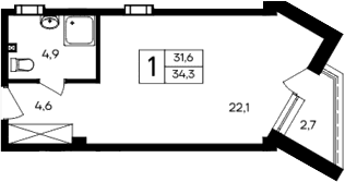 Студия, 31.6 м²