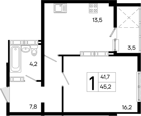 1-комн., 41.7 м²