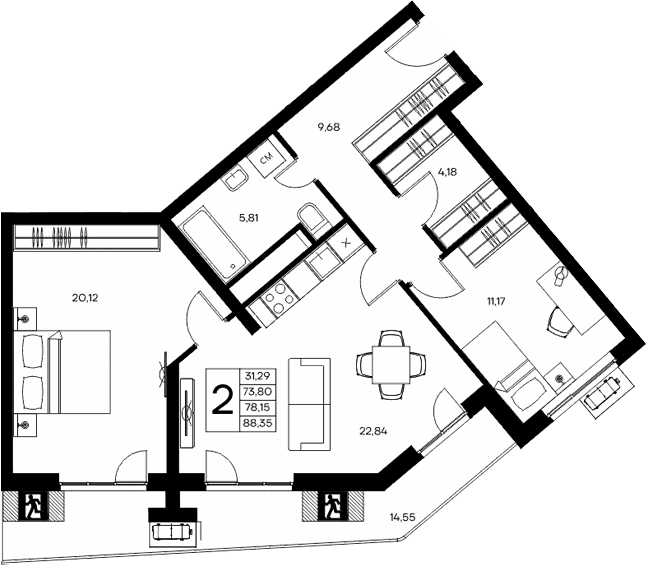 2-комн., 73.8 м²