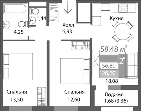 2-комн., 56.8 м²