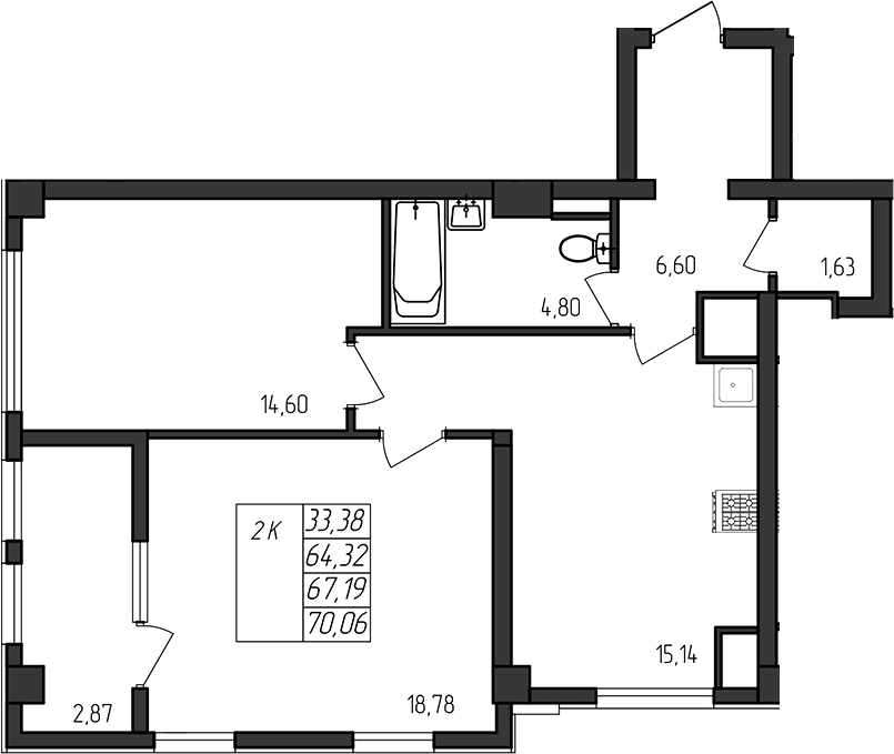 2-комн., 64.32 м²